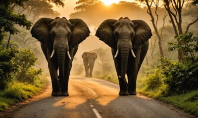 wild elephants cross road