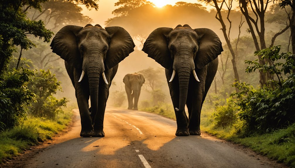 wild elephants cross road